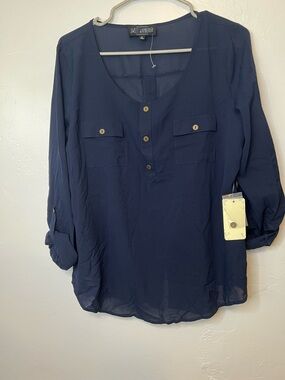 Sweet Wanderer Navy Button-Front Blouse sheer Size XL